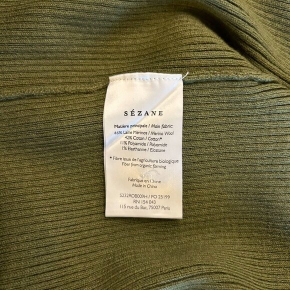BEST Sezane Harper Midi Knit Dress Large Moss Green Ribbed French High Neckline - Picture 7 of 7